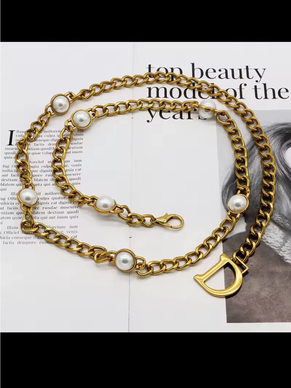 Gold Chain Pearl Accent Belt with D Charm
